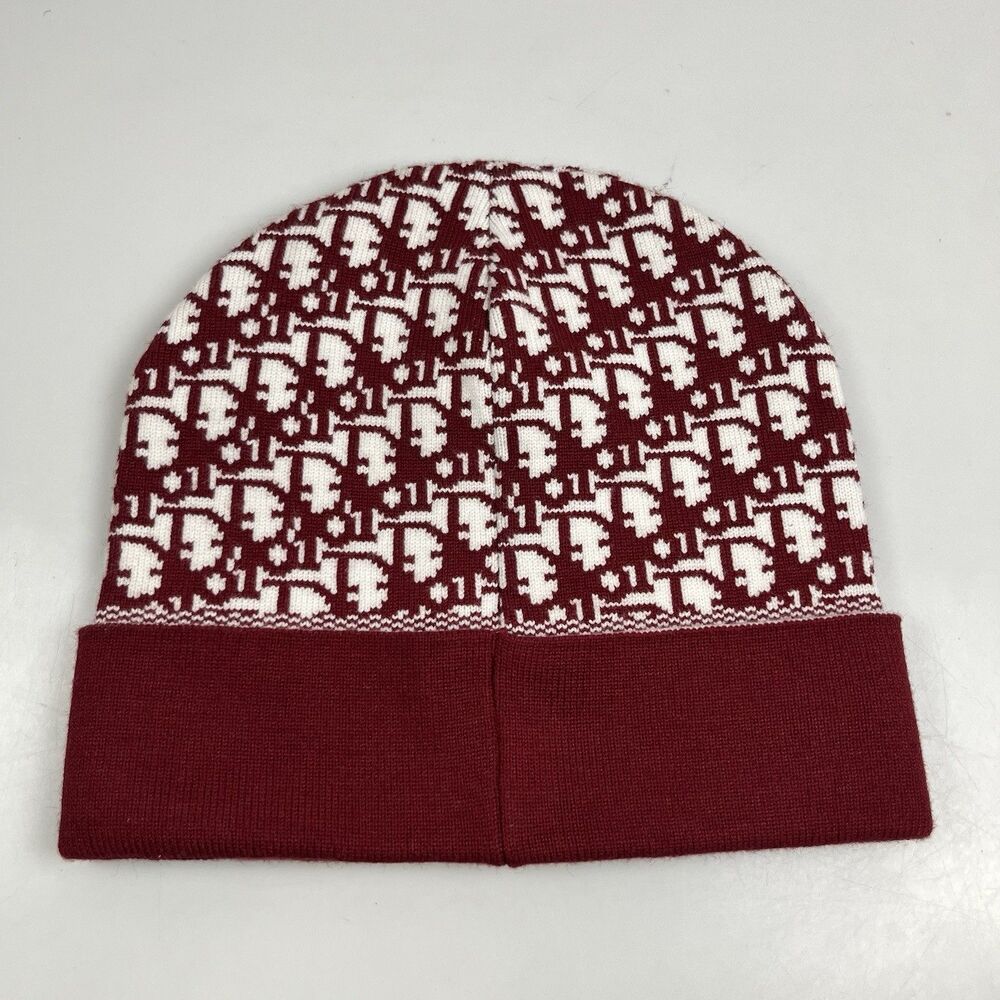 Vintage Christian Dior Boutique Logo Monogram Beanie Hat Burgundy Crimson White